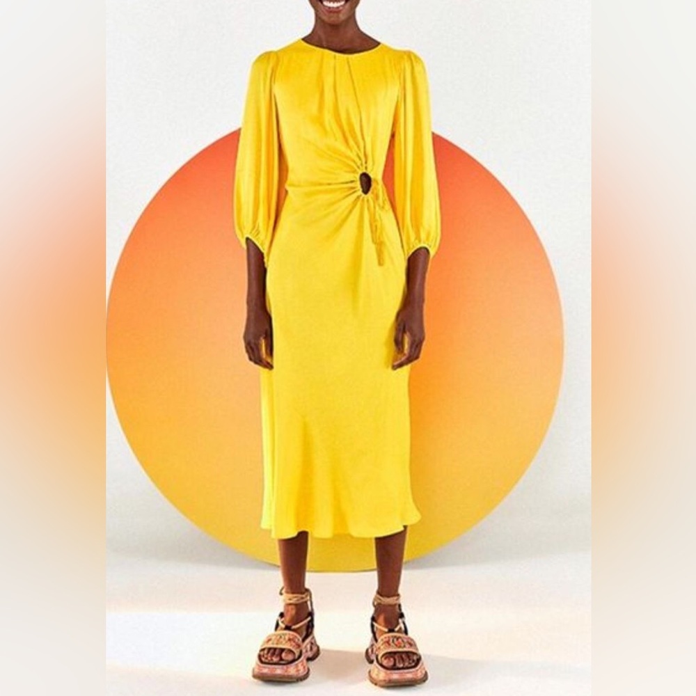 FARM Rio Piping Front Circle Cut Out Midi Dress | Yellow | Size XS